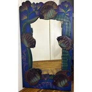 Handmade Wood Framed Mirror Ocean Fish Underwater Blue Green 24 X 14 Indonesia
